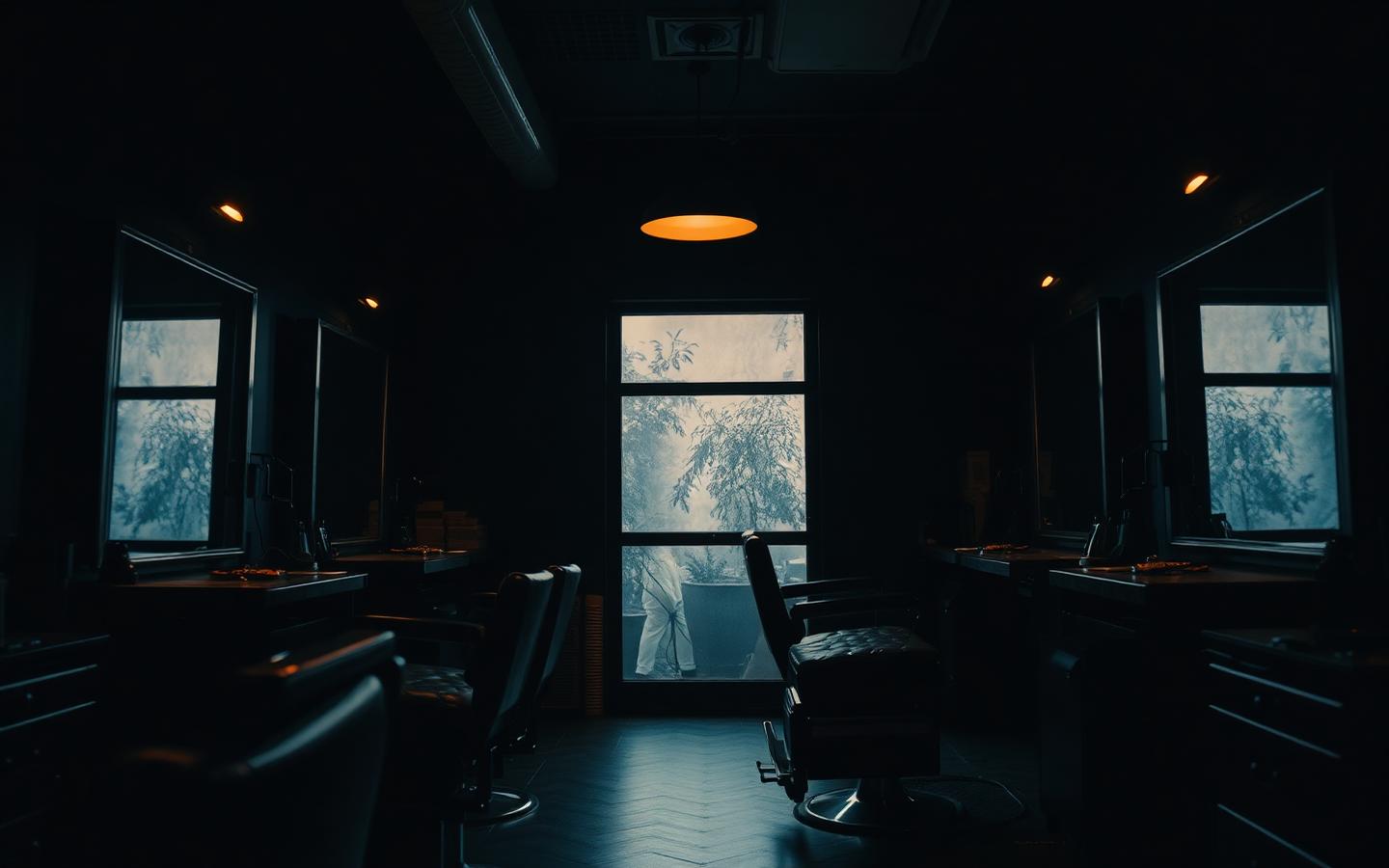 Interior of Ironside Barber Co. barbershop with barber chairs and warm lighting