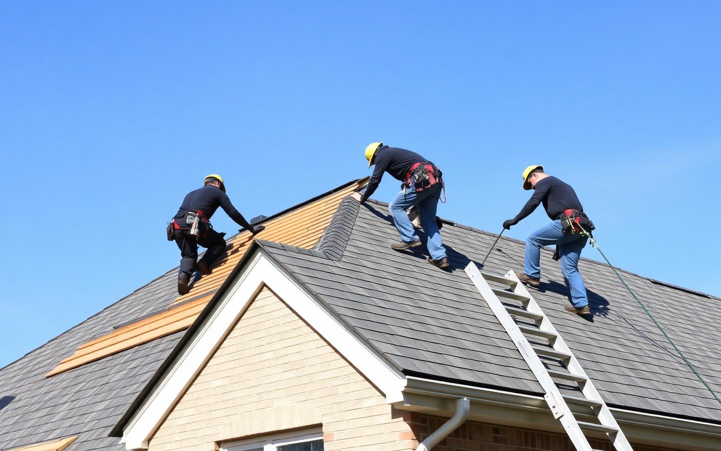 Summit Ridge Roofing crew installing new shingles on a suburban home